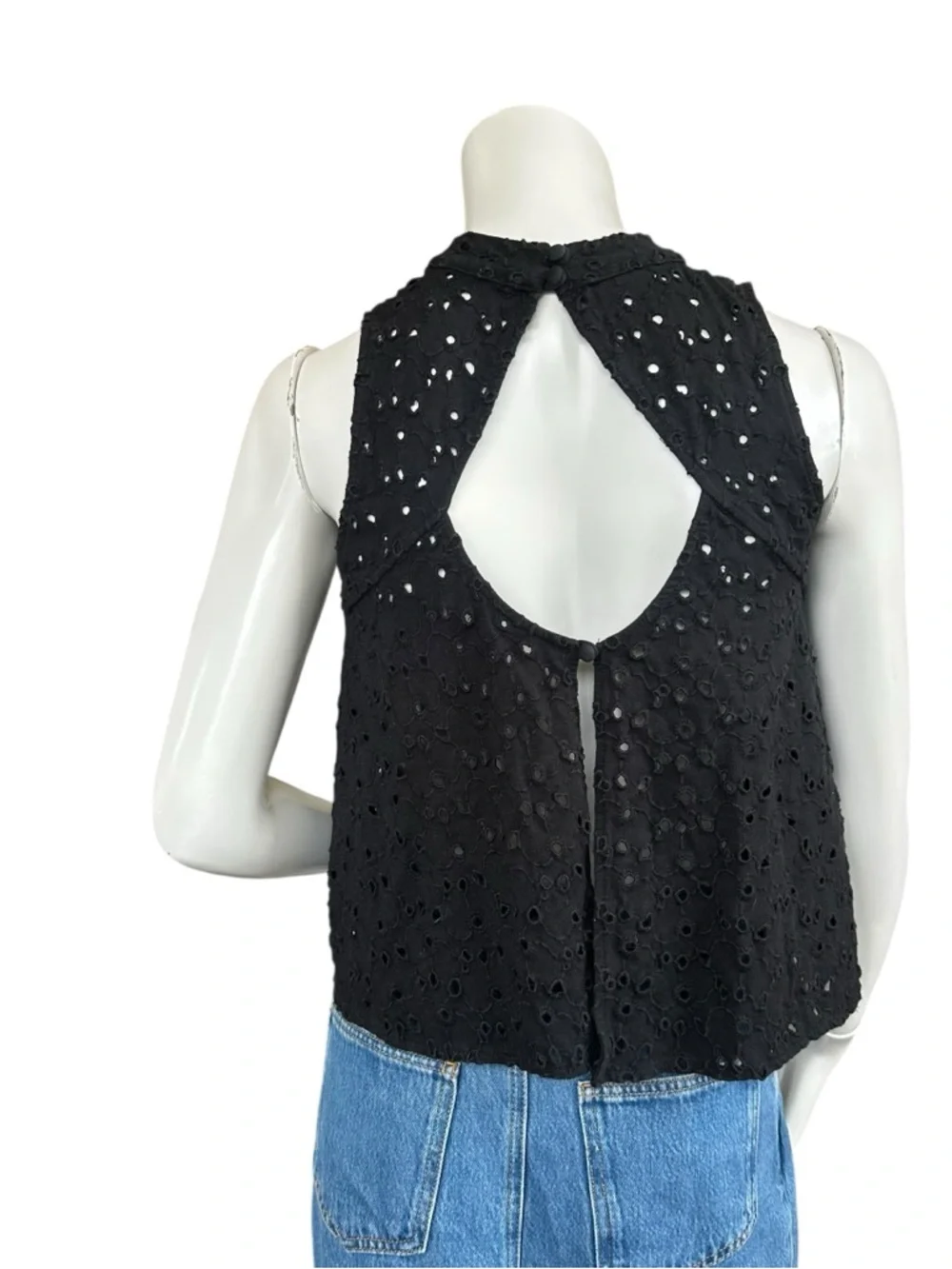 Free People Cupcake Mali Black See Through Eyelet Cropped High Neck Tank XS